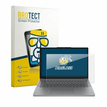 Front side of a product packaging with the brand logo BROTECT. Next to it is the device Lenovo Chrome 14M8911 shown with the c