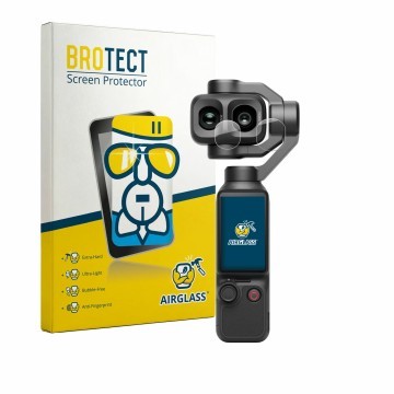 Parte frontal de un envase de producto con el logotipo de la marca BROTECT. Al lado se muestra el dispositivo DJI Osmo Pocket 