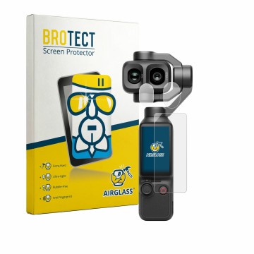 Vorderseite einer Produktverpackung mit dem Markenlogo BROTECT. Daneben ist das Gerät DJI Osmo Pocket 4P (Display + Linse) mit