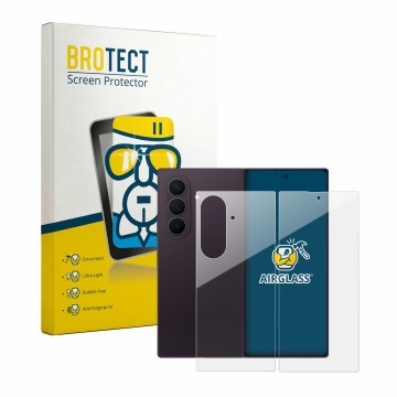 Parte frontal de un envase de producto con el logotipo de la marca BROTECT. Al lado se muestra el dispositivo Samsung Galaxy Z