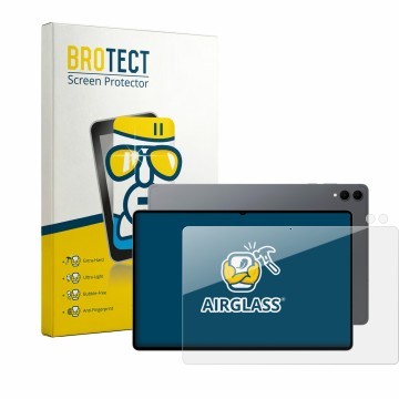 Parte frontal de un envase de producto con el logotipo de la marca BROTECT. Al lado se muestra el dispositivo Samsung Galaxy T