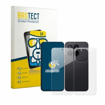 Front side of a product packaging with the brand logo BROTECT. Next to it is the device Xiaomi 17T Pro (Front+Back) shown with