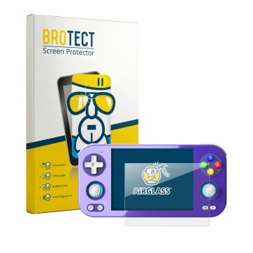 Vorderseite einer Produktverpackung mit dem Markenlogo BROTECT. Daneben ist das Gerät Anbernic RG 476H mit dem zugehörigen Dis