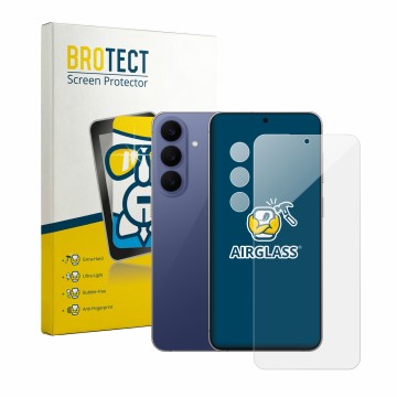 Front side of a product packaging with the brand logo BROTECT. Next to it is the device Samsung Galaxy S26 FE (Front+Camera) s