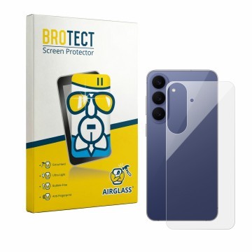 Vorderseite einer Produktverpackung mit dem Markenlogo BROTECT. Daneben ist das Gerät Samsung Galaxy S26 FE (Rückseite) mit de