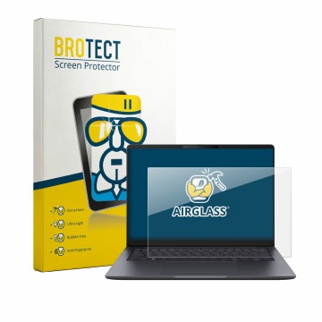 Face avant d’un emballage produit avec le logo de la marque BROTECT. À côté, l’appareil ASUS ExpertBook B3 Gen 2 B3405 est rep