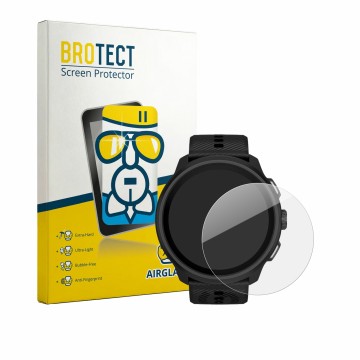 Front side of a product packaging with the brand logo BROTECT. Next to it is the device Suunto Run 2 shown with the correspond