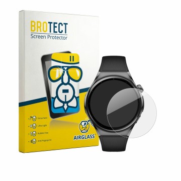 Face avant d’un emballage produit avec le logo de la marque BROTECT. À côté, l’appareil Huawei Watch 6 46 mm est représenté av