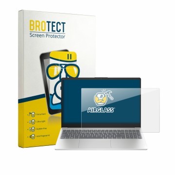 Parte frontal de un envase de producto con el logotipo de la marca BROTECT. Al lado se muestra el dispositivo HP 15-fd1731ngx 