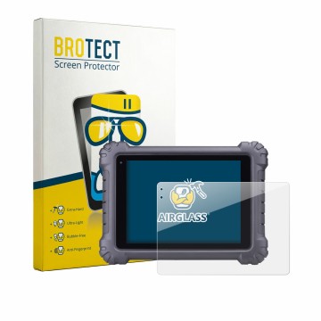 Front side of a product packaging with the brand logo BROTECT. Next to it is the device Autel MaxiSys MS909 shown with the cor