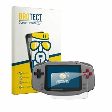 Front side of a product packaging with the brand logo BROTECT. Next to it is the device AYANEO KONKR Pocket Advance shown with