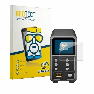 Parte frontal de un envase de producto con el logotipo de la marca BROTECT. Al lado se muestra el dispositivo SkyRc eFuel PSU2
