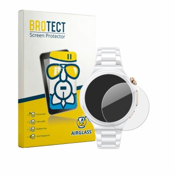 Vorderseite einer Produktverpackung mit dem Markenlogo BROTECT. Daneben ist das Gerät Huawei Watch 6 Pro 43 mm mit dem zugehör
