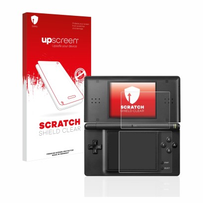 Vorderseite einer Produktverpackung mit dem Markenlogo upscreen. Daneben ist das Gerät Nintendo DS LITE mit dem zugehörigen Di