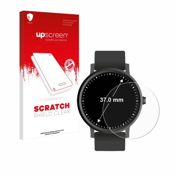 Face avant d’un emballage produit avec le logo de la marque upscreen. À côté, l’appareil Montres (Circulaire, ø: 37 mm) est re