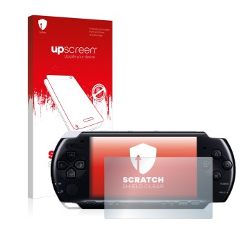 Vorderseite einer Produktverpackung mit dem Markenlogo upscreen. Daneben ist das Gerät Sony PSP 3004 mit dem zugehörigen Displ