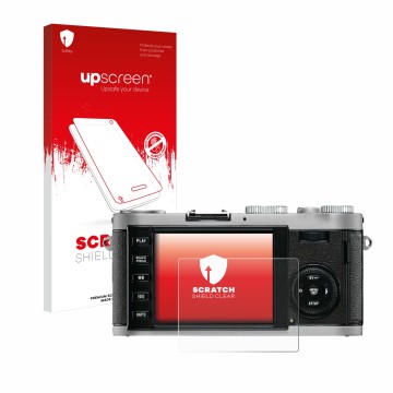Parte frontal de un envase de producto con el logotipo de la marca upscreen. Al lado se muestra el dispositivo Leica X1 con su
