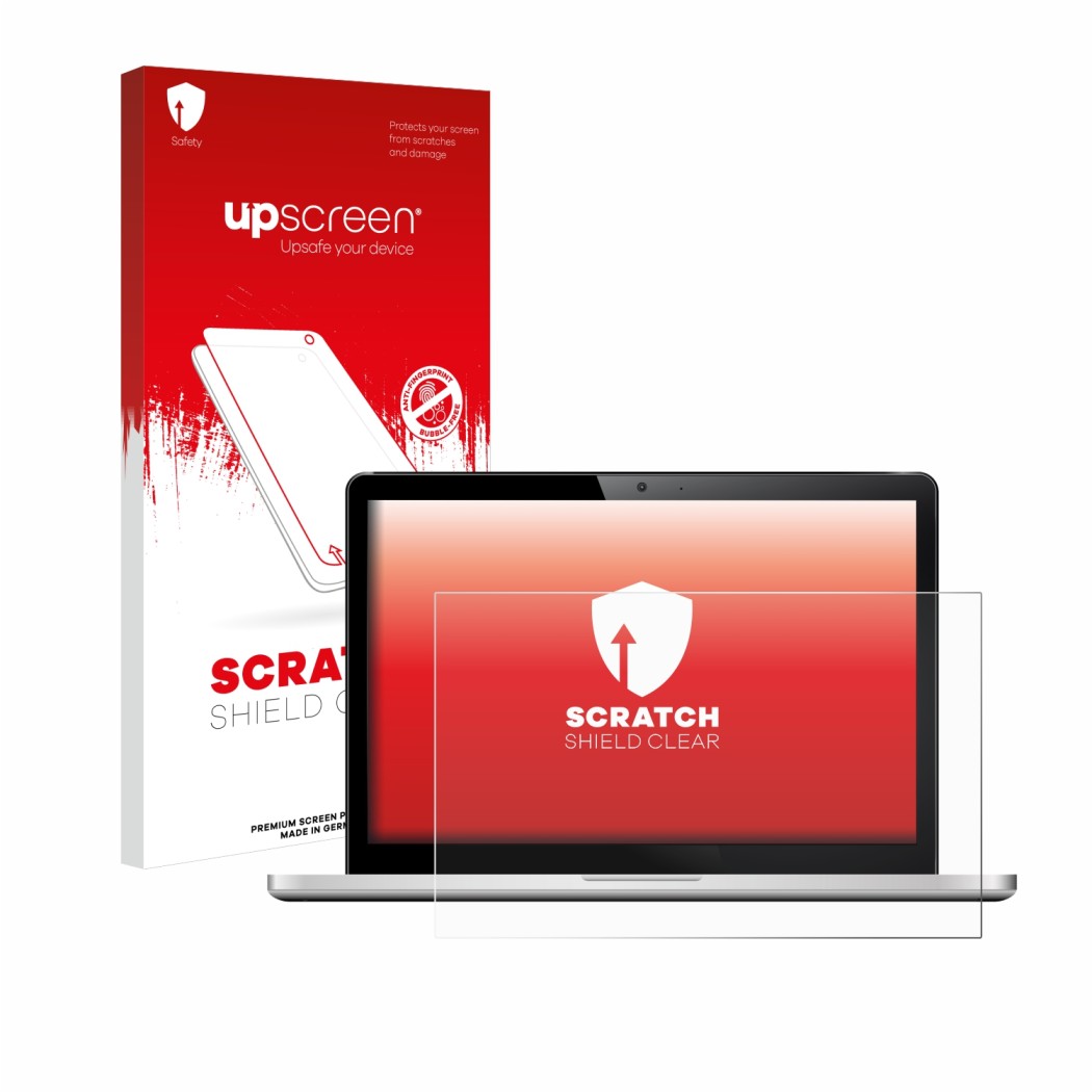 Parte frontal de un envase de producto con el logotipo de la marca upscreen. Al lado se muestra el dispositivo con su protecto