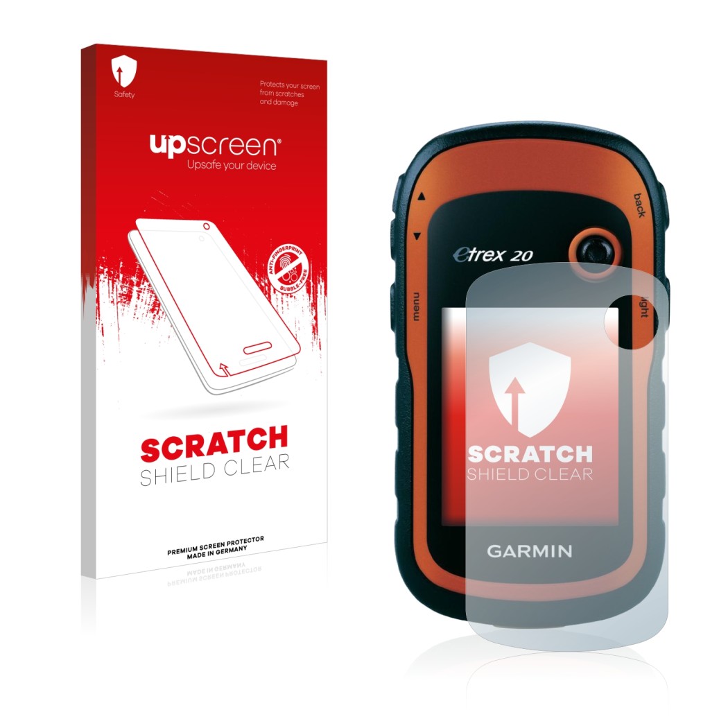 Parte frontal de un envase de producto con el logotipo de la marca upscreen. Al lado se muestra el dispositivo Garmin eTrex 20