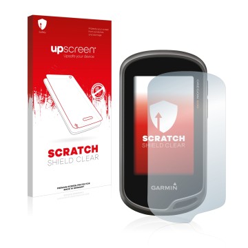 Parte frontale di una confezione del prodotto con il logo del marchio upscreen. Accanto è raffigurato il dispositivo Garmin Or