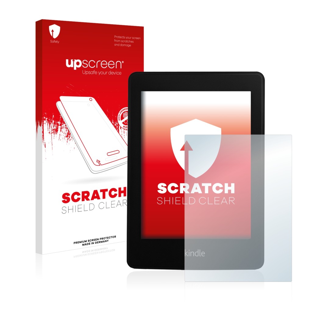 Front side of a product packaging with the brand logo upscreen. Next to it is the device Amazon Kindle Paperwhite 2013 shown w