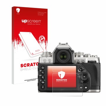 Parte frontal de un envase de producto con el logotipo de la marca upscreen. Al lado se muestra el dispositivo Nikon Df con su