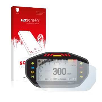 Parte frontal de un envase de producto con el logotipo de la marca upscreen. Al lado se muestra el dispositivo Ducati Monster 