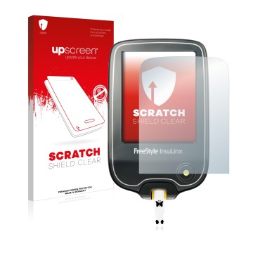 Vorderseite einer Produktverpackung mit dem Markenlogo upscreen. Daneben ist das Gerät Freestyle InsuLinx mit dem zugehörigen 