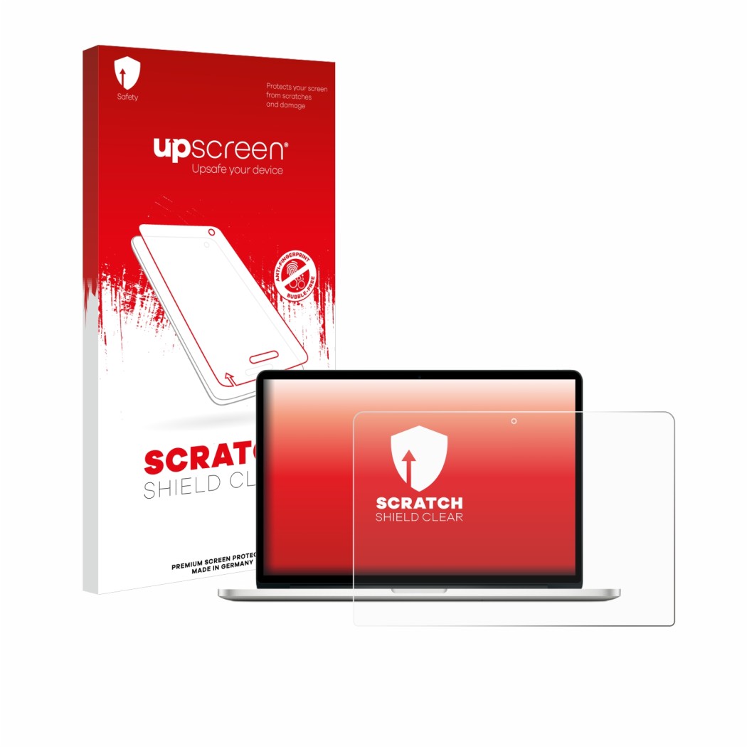 Vorderseite einer Produktverpackung mit dem Markenlogo upscreen. Daneben ist das Gerät Apple MacBook Pro Retina 13