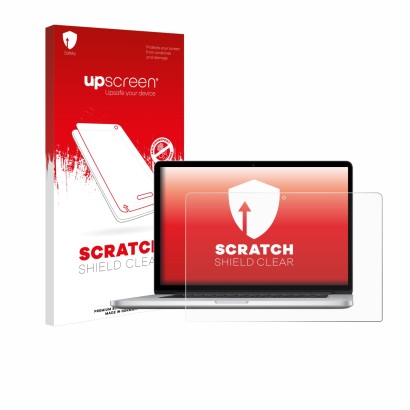 Parte frontale di una confezione del prodotto con il logo del marchio upscreen. Accanto è raffigurato il dispositivo Apple Mac