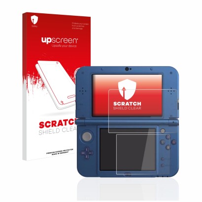 Face avant d’un emballage produit avec le logo de la marque upscreen. À côté, l’appareil Nintendo New 3DS XL est représenté av
