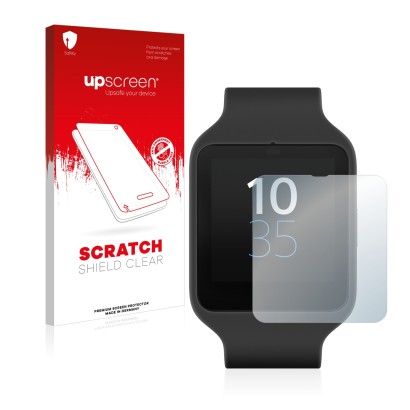 Parte frontal de un envase de producto con el logotipo de la marca upscreen. Al lado se muestra el dispositivo Sony Smartwatch