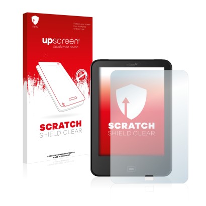 Vorderseite einer Produktverpackung mit dem Markenlogo upscreen. Daneben ist das Gerät Tolino Vision 2 mit dem zugehörigen Dis