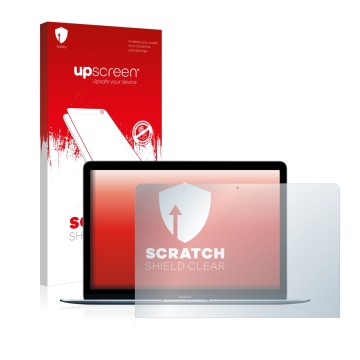 Parte frontal de un envase de producto con el logotipo de la marca upscreen. Al lado se muestra el dispositivo Apple MacBook 1