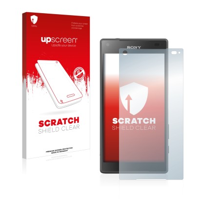 Face avant d’un emballage produit avec le logo de la marque upscreen. À côté, l’appareil Sony Xperia Z5 Compact est représenté