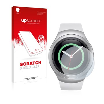 Vorderseite einer Produktverpackung mit dem Markenlogo upscreen. Daneben ist das Gerät Samsung Gear S2 mit dem zugehörigen Dis
