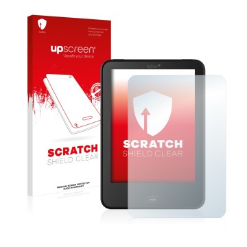 Parte frontal de un envase de producto con el logotipo de la marca upscreen. Al lado se muestra el dispositivo Tolino Vision 3