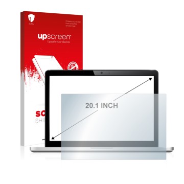 Vorderseite einer Produktverpackung mit dem Markenlogo upscreen. Daneben ist das Gerät mit dem zugehörigen Displayschutz abgeb