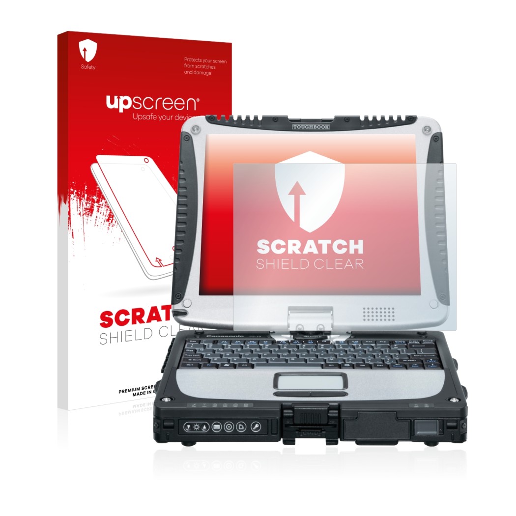 Front side of a product packaging with the brand logo upscreen. Next to it is the device Panasonic Toughbook CF-19 shown with 