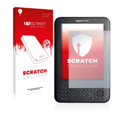 Vorderseite einer Produktverpackung mit dem Markenlogo upscreen. Daneben ist das Gerät Amazon Kindle 3 mit dem zugehörigen Dis