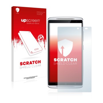 Parte frontal de un envase de producto con el logotipo de la marca upscreen. Al lado se muestra el dispositivo Lenovo Vibe X3 