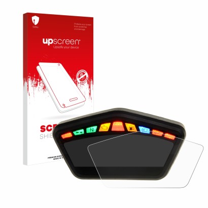 Face avant d’un emballage produit avec le logo de la marque upscreen. À côté, l’appareil Ducati Hypermotard 821 2015 Affichage