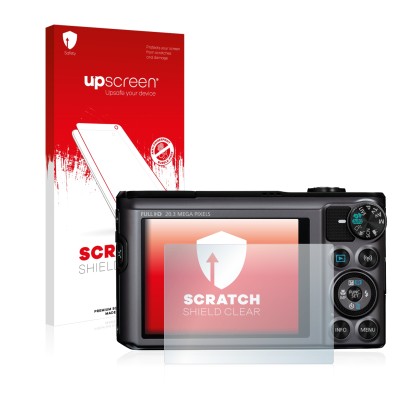 Front side of a product packaging with the brand logo upscreen. Next to it is the device Canon PowerShot SX720 HS shown with t