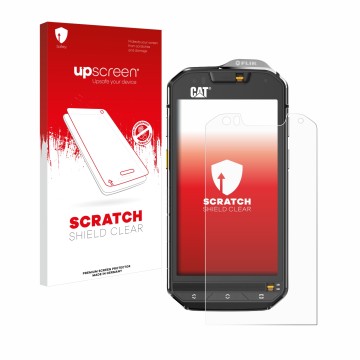 Parte frontal de un envase de producto con el logotipo de la marca upscreen. Al lado se muestra el dispositivo Caterpillar Cat