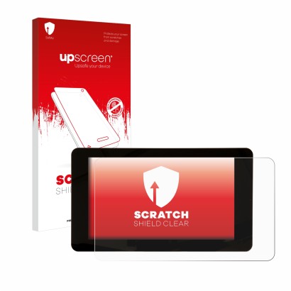 Front side of a product packaging with the brand logo upscreen. Next to it is the device Raspberry Pi Touchscreen 7" shown wit
