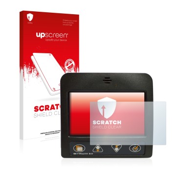 Parte frontal de un envase de producto con el logotipo de la marca upscreen. Al lado se muestra el dispositivo Skytraxx 3.0 Va