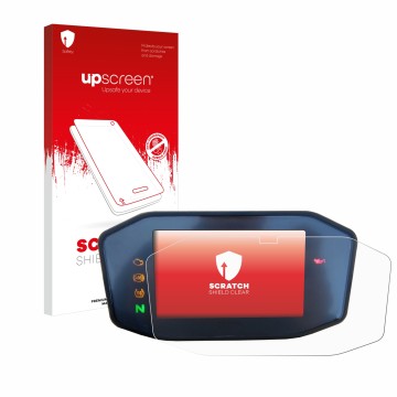 Parte frontal de un envase de producto con el logotipo de la marca upscreen. Al lado se muestra el dispositivo KTM 690 Duke 20