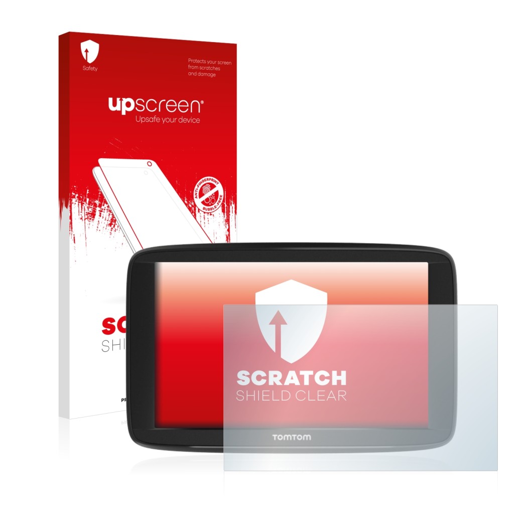 Face avant d’un emballage produit avec le logo de la marque upscreen. À côté, l’appareil TomTom Start 62 est représenté avec l