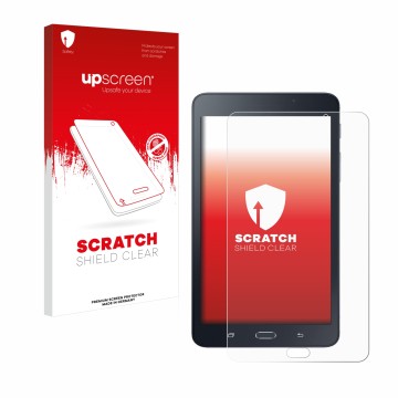 Front side of a product packaging with the brand logo upscreen. Next to it is the device Samsung Galaxy Tab A6 7.0 shown with 