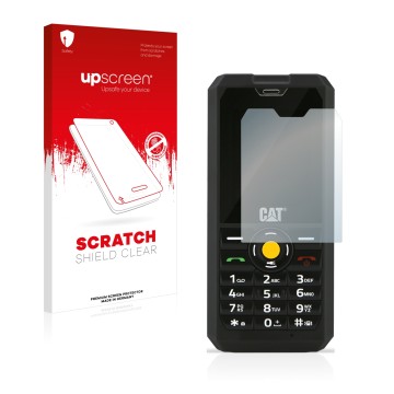 Parte frontal de un envase de producto con el logotipo de la marca upscreen. Al lado se muestra el dispositivo Caterpillar Cat